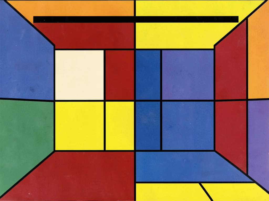 Interior room view reduced to colored wall planes, floor rectangle, ceiling bar