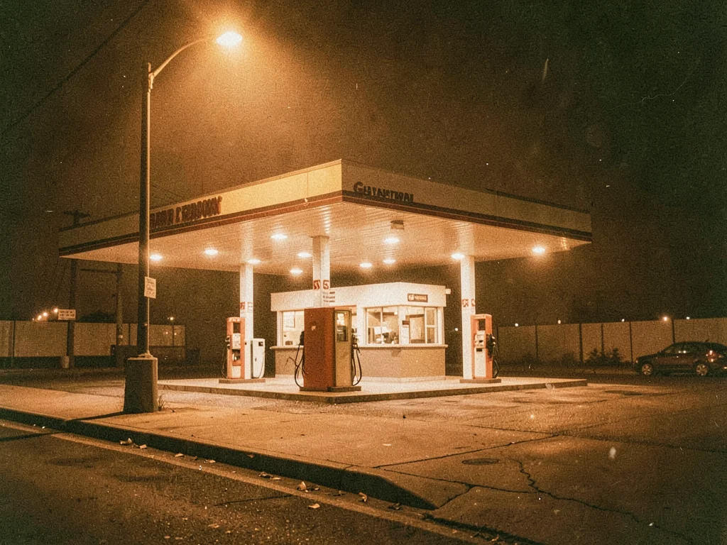 Gas station at night, sodium vapor turning everything amber, lonely pumps
