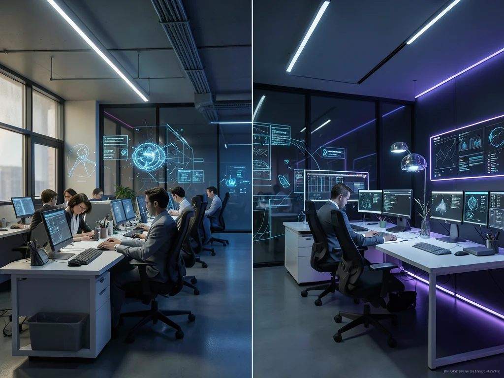 Office — left half 1960s typing pool, right half AI-filled minimalist workspace