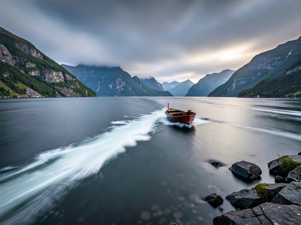 Fjord waters with boat wake dissolved into nothing