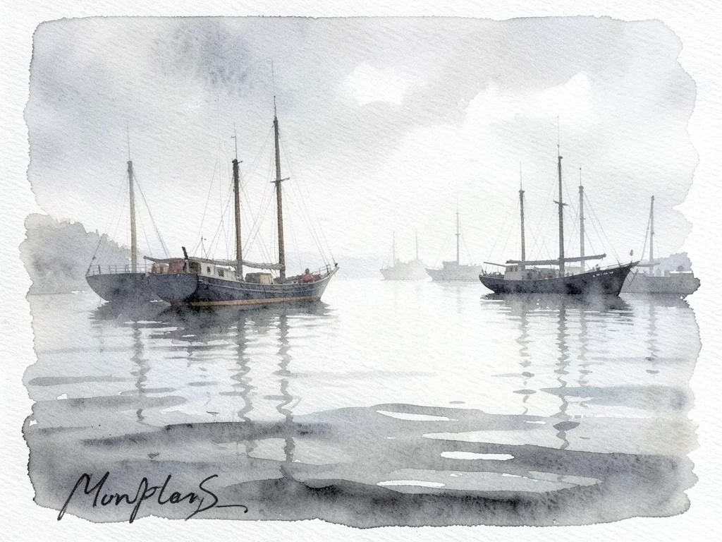 Morning fog in a harbor, boat masts emerging from the grey, the water a flat was