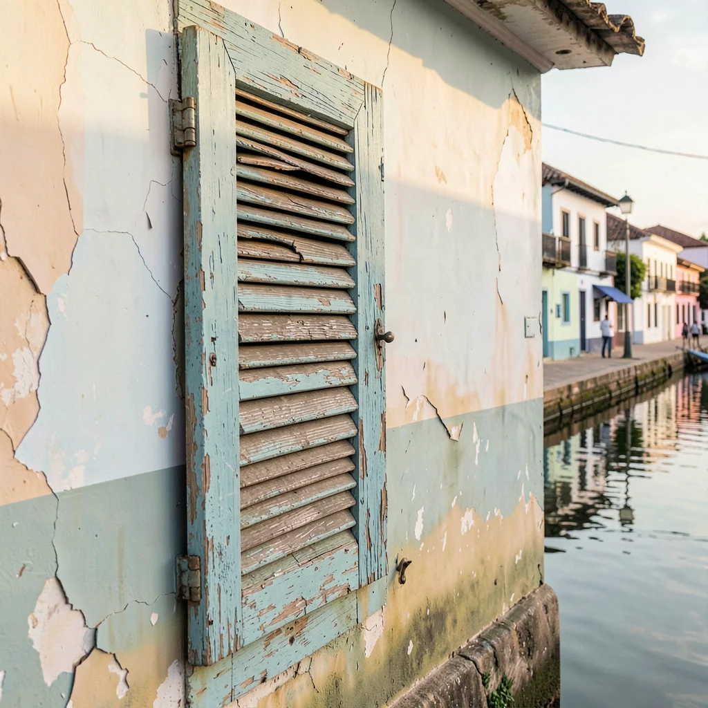 Soft morning light on faded colonial pastels, Saint-Louis Senegal, Wooden shutte
