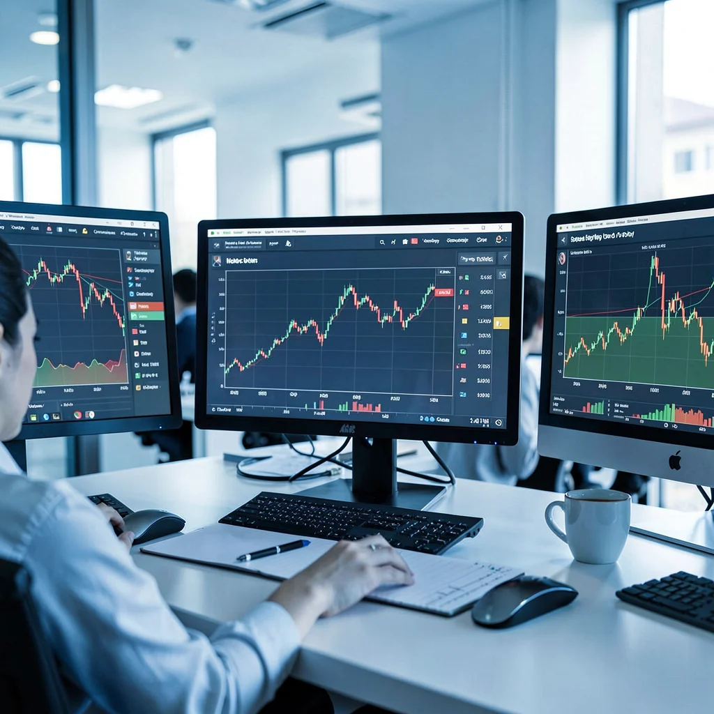 Editorial photograph, Multiple monitors showing trading dashboards and market da
