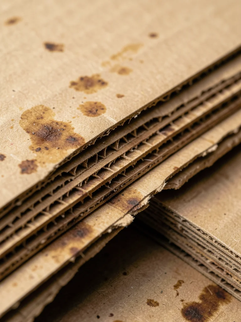 Stacked cardboard sheets seen from the edge, compressed layers forming striated 