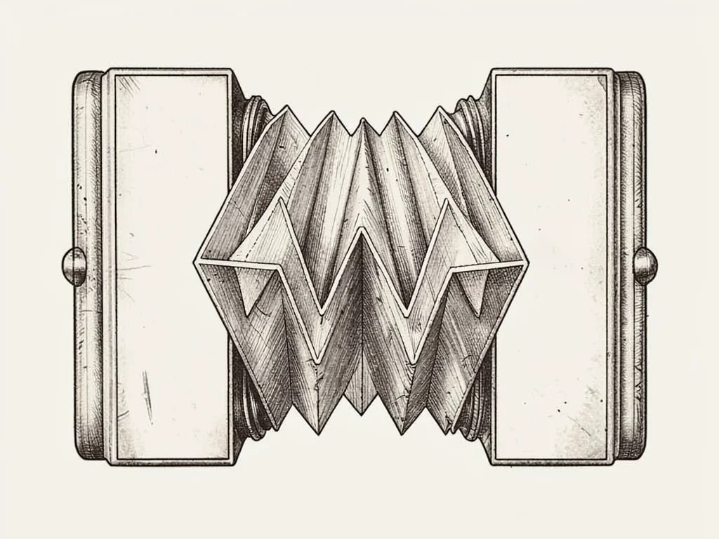 Cross-section of an old camera bellows, accordion folds rendered as zigzag fan b