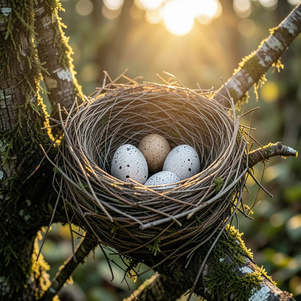 Bird nest photo with eggs, nest material rendered as detailed ink cross-hatch dr