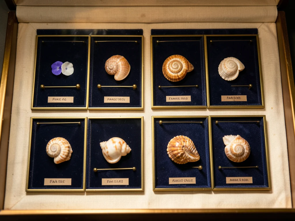 A velvet-lined display case containing a systematic arrangement of seashells org