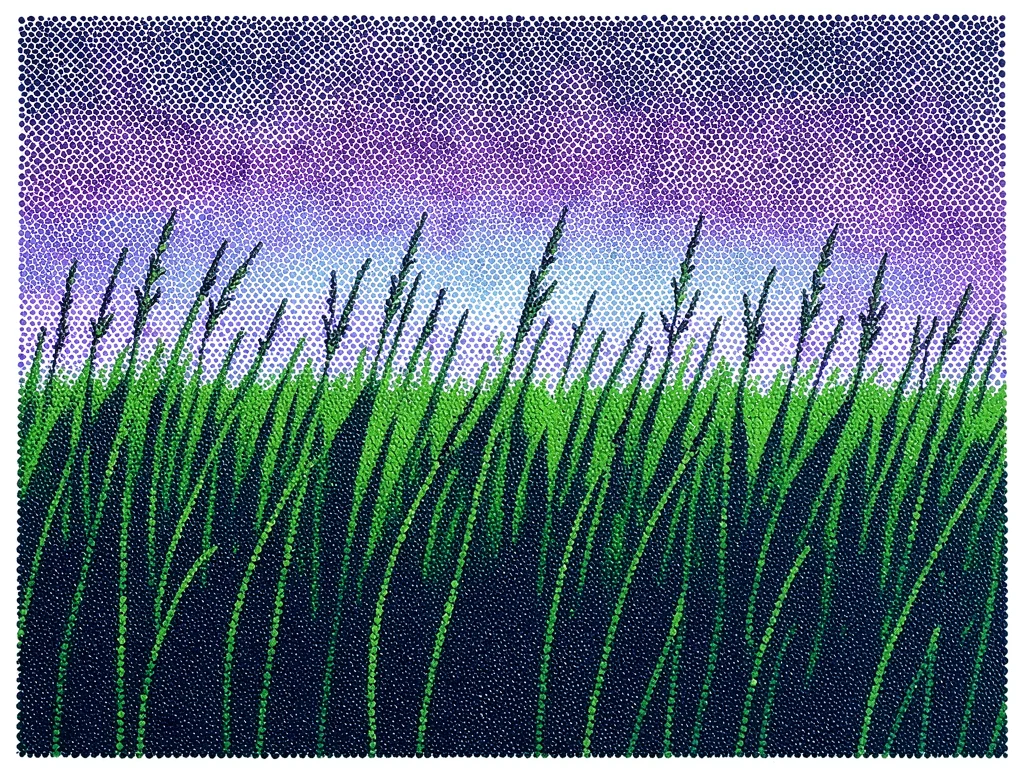 Field of tall grass at dusk, green-violet oscillation across the entire surface