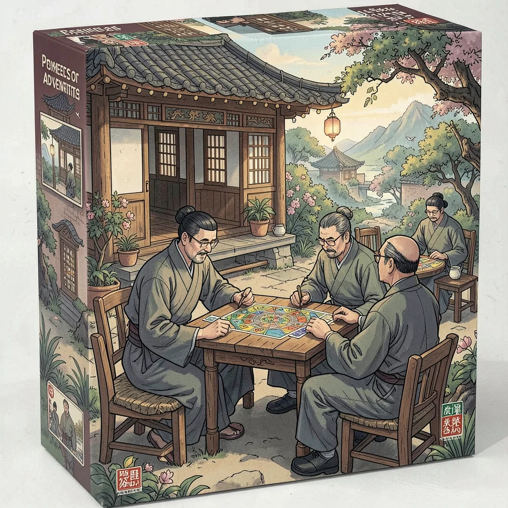 Board game box illustration, a tea house and garden in ancient China, scholars p