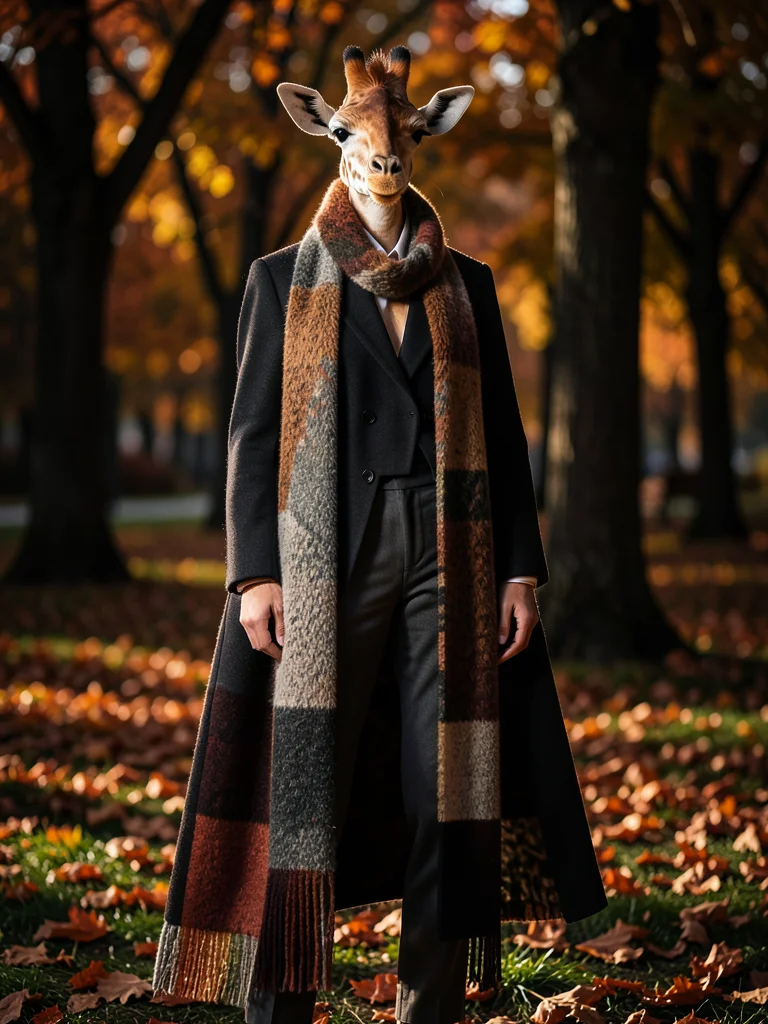 Giraffe wearing a very long scarf, fall fashion, autumn park background