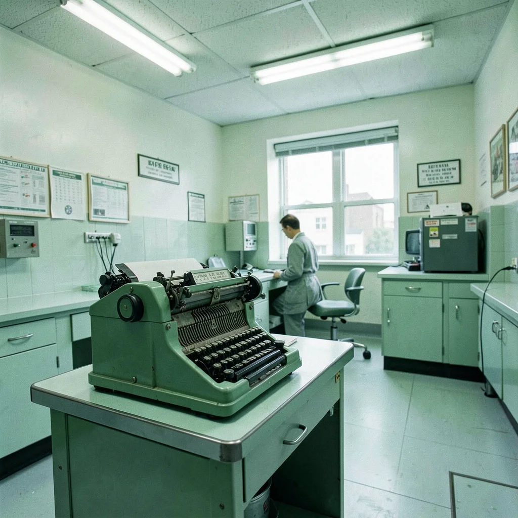 Vintage adding machine in institutional green, bureaucratic calculation