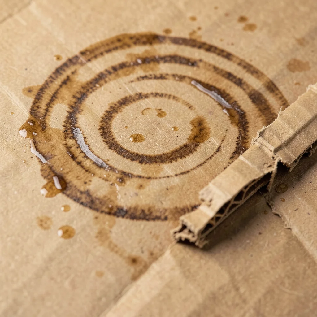 Corrugated cardboard surface with rain water stain rings, concentric tide marks 