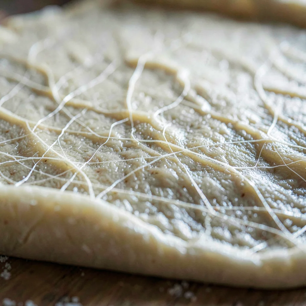 Macro of a fresh dough surface stretched until translucent, tiny gluten threads 