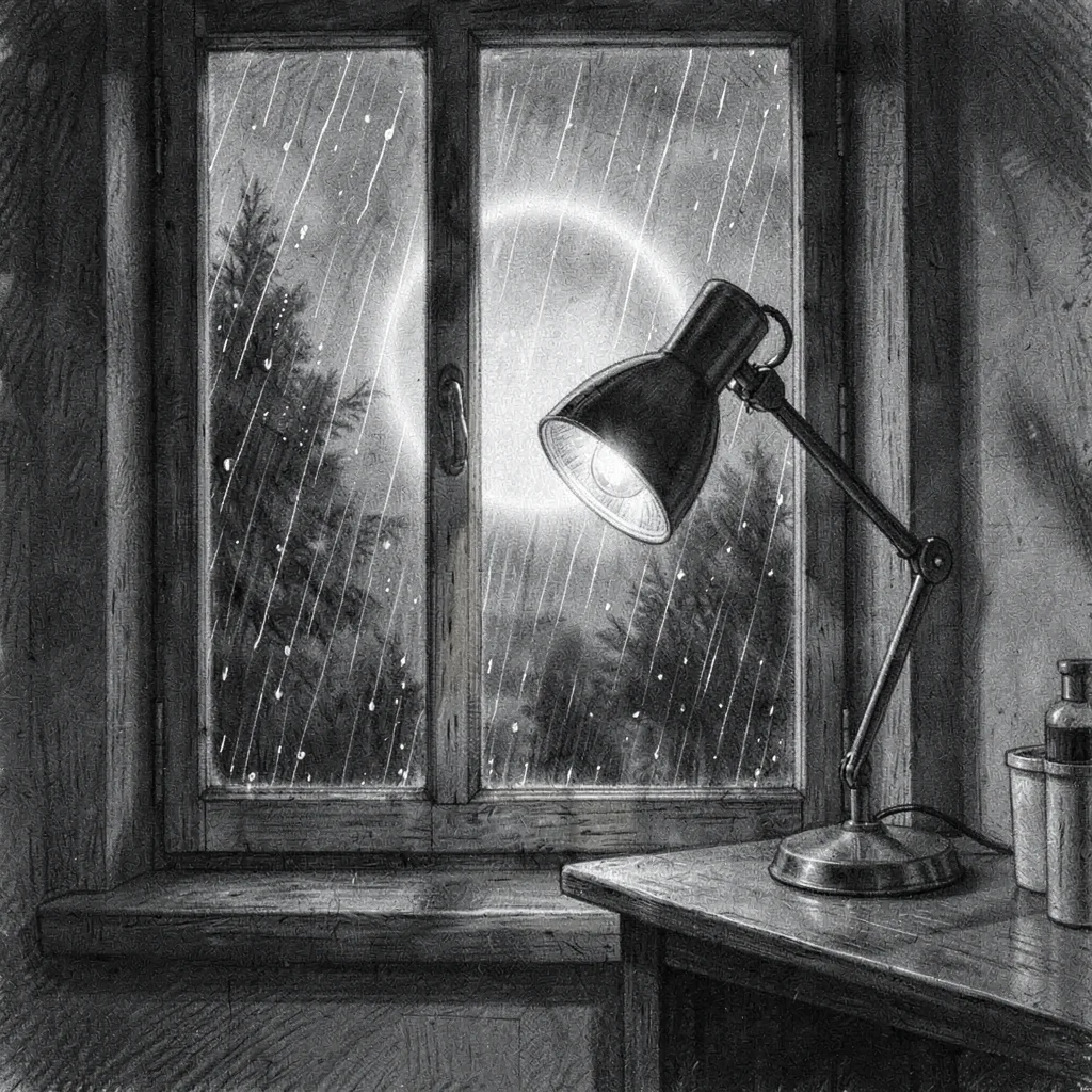 Vertical charcoal scene of rain streaking a window with a desk lamp halo behind