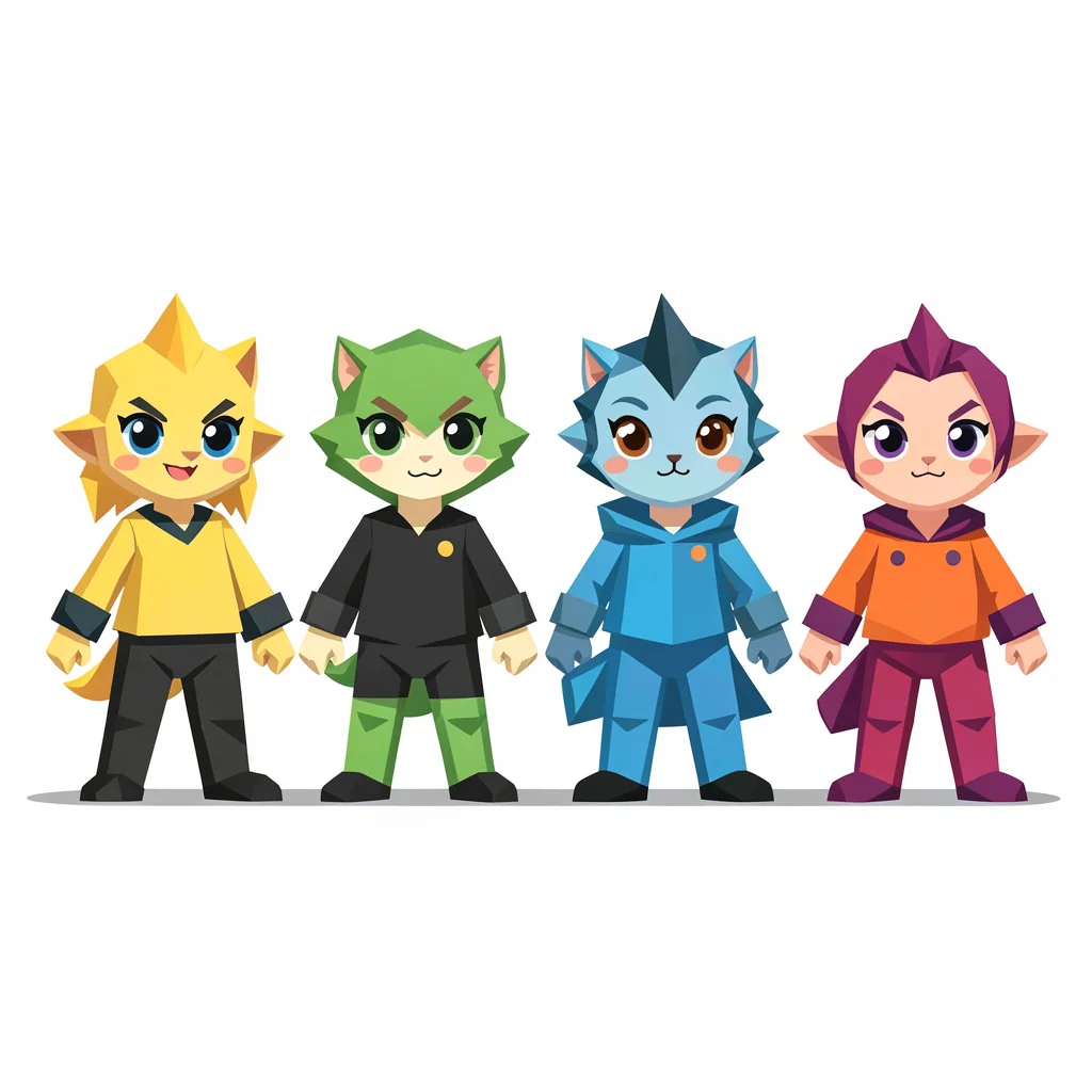 Flat geometric squad portrait of four sprites lined up shoulder to shoulder, mar
