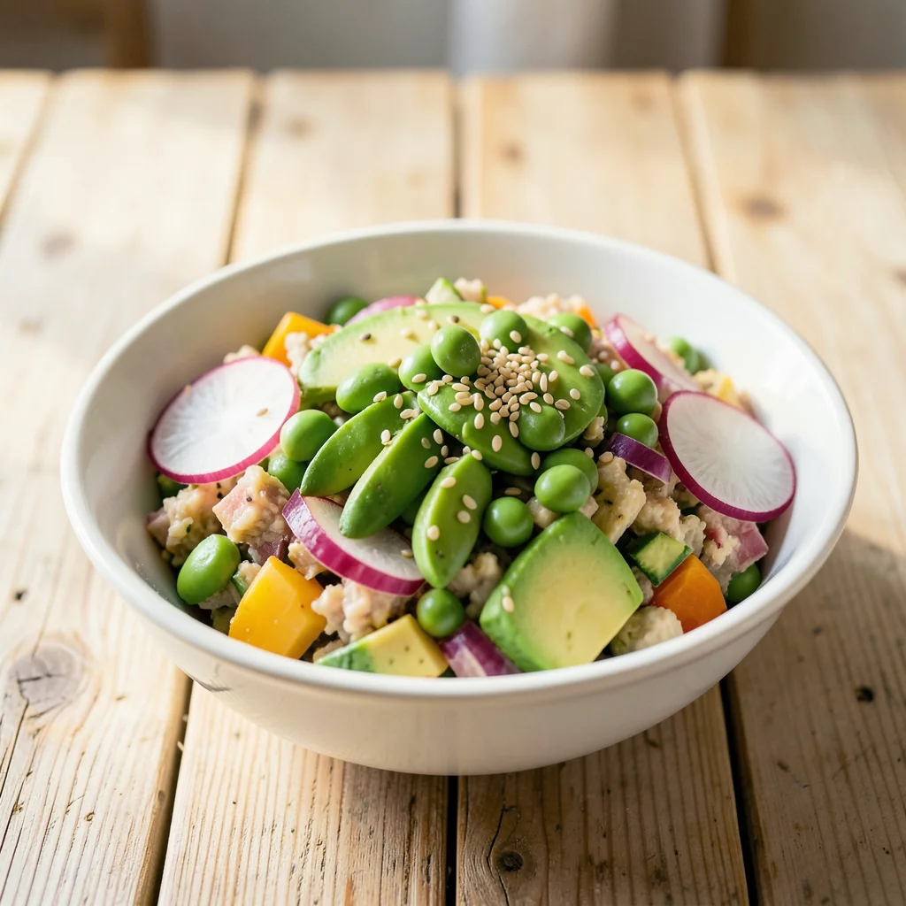 Colorful poke bowl with edamame, avocado, radish, and sesame seeds on a light wo