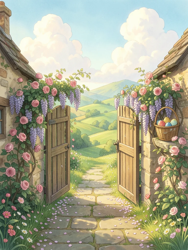 A cottage garden gate left open, leading to a stone path scattered with flower p