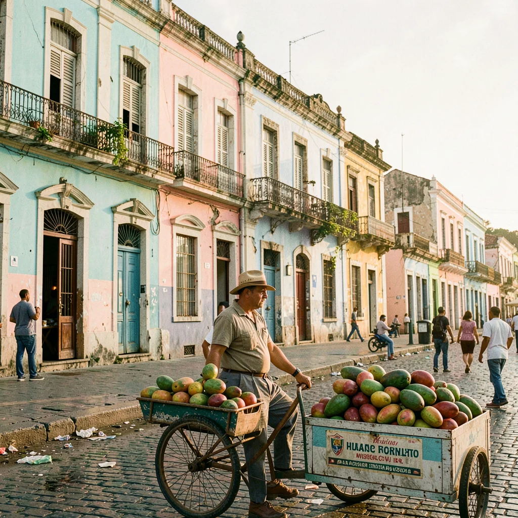 Faded pastel decay of Havana, Cuba, Fruit vendor with cart, mangoes and papaya, 