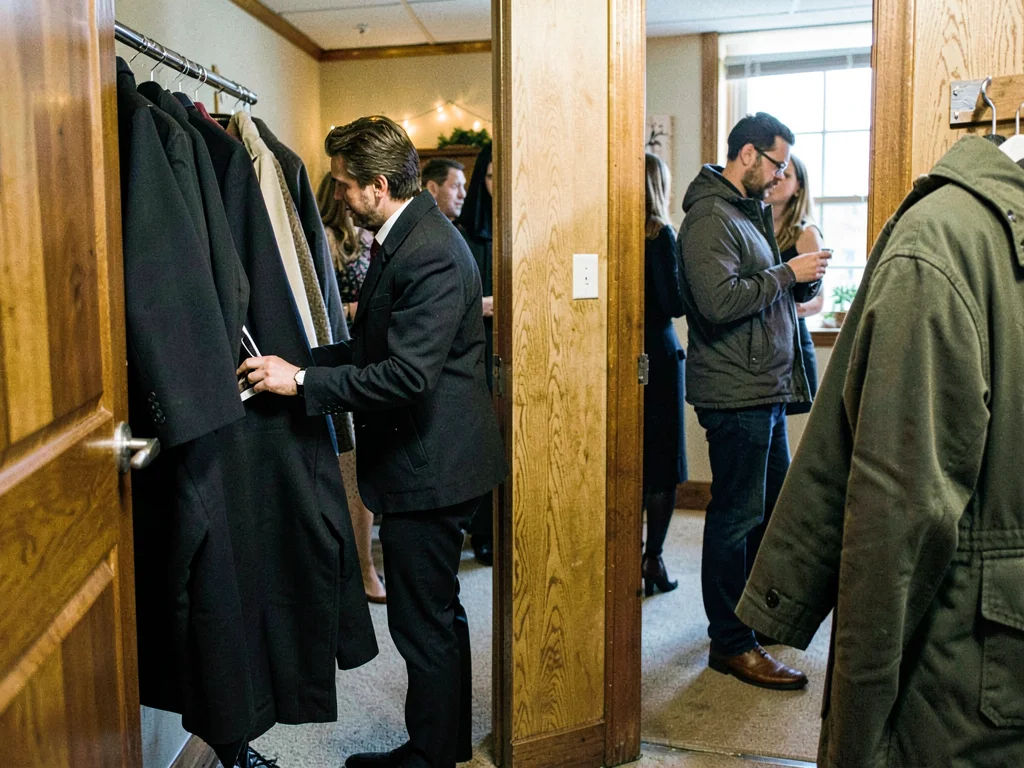 Person at coat check waiting for jacket, party sounds behind, the liminal space 