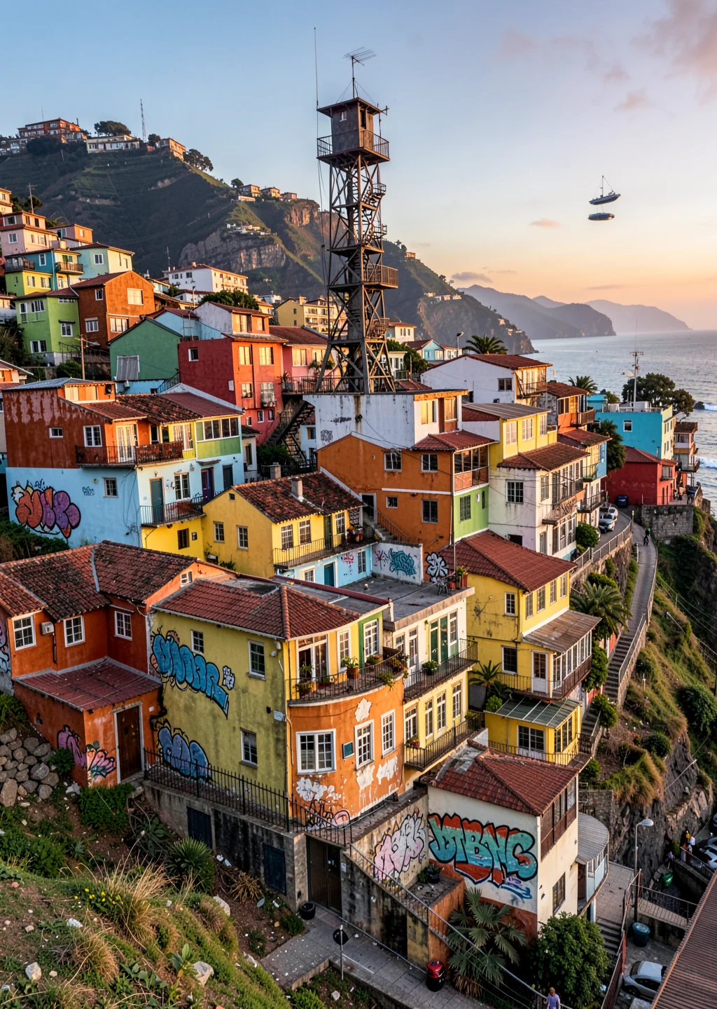 Impossible hill perspectives of Valparaíso, Chile, ascensor tower emerging from 