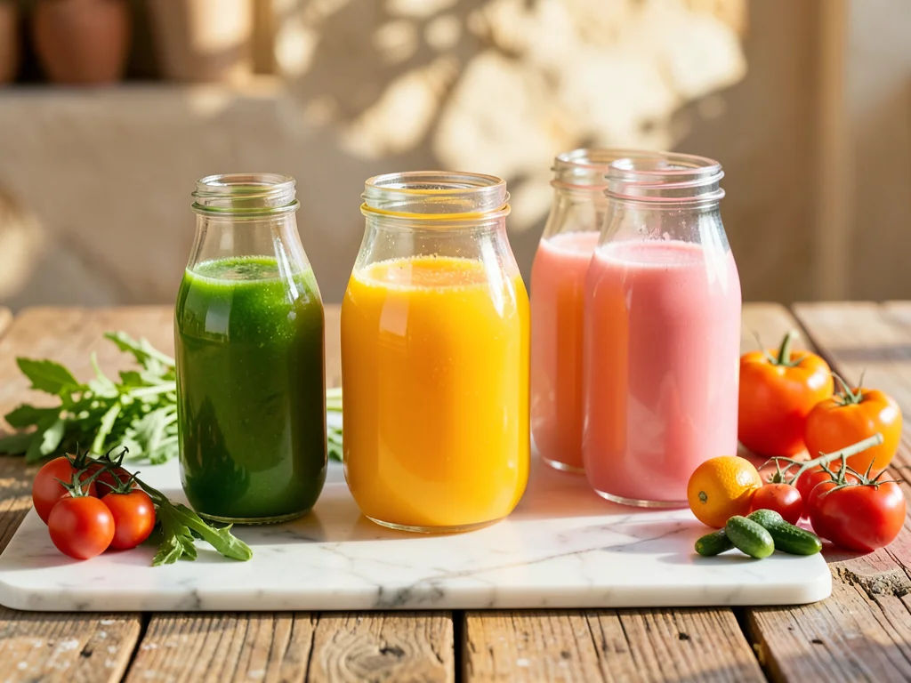 Fresh-pressed juice in glass bottles — green, orange, pink — lined up on white m