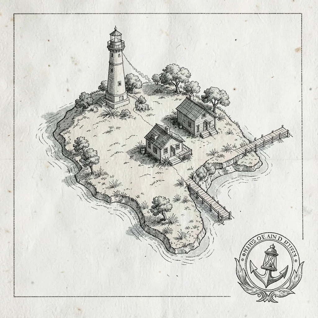 A nautical lighthouse-keeper's island plan with the lighthouse tower, keeper's c