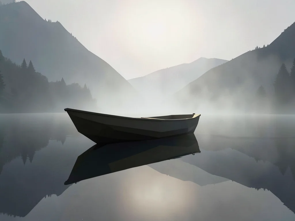 Drifting faceted rowboat alone on a mirror lake with a faint mountain ridge slow