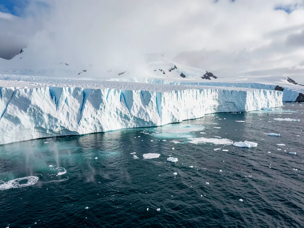 Glacier calving moment in full panoramic context, scale of ice meeting scale of 