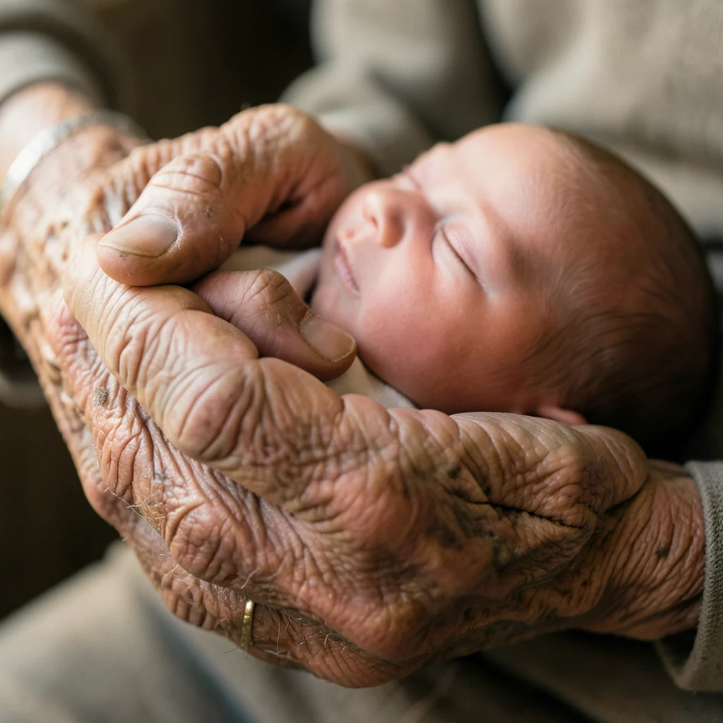 Weathered hands holding a sleeping newborn, the contrast of aged wrinkled skin a