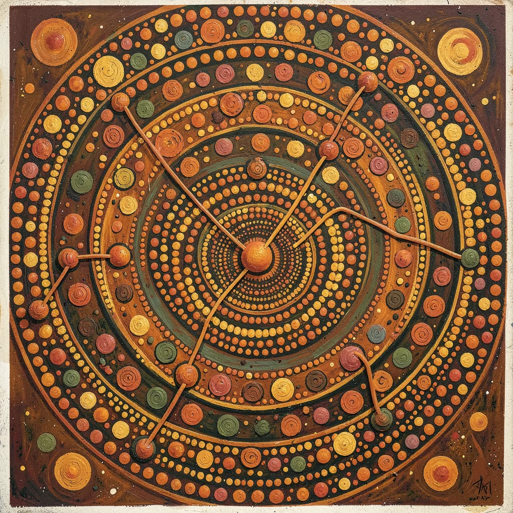Indigenous Australian dot painting illustration, hand stencils connecting past t