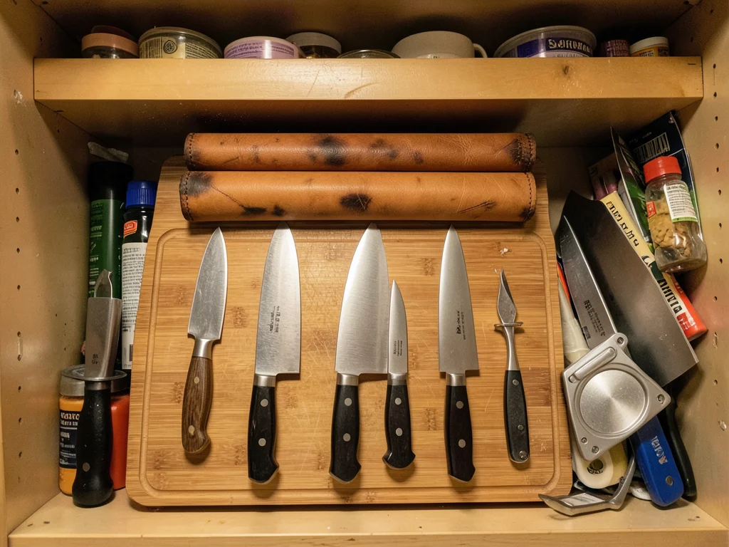 A sushi chef's knife roll unrolled flat on a bamboo cutting board, seven knives 