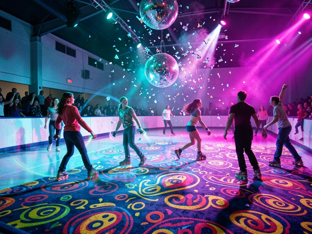 Roller rink in full chemical glory, disco ball scattering cyan and magenta, skat