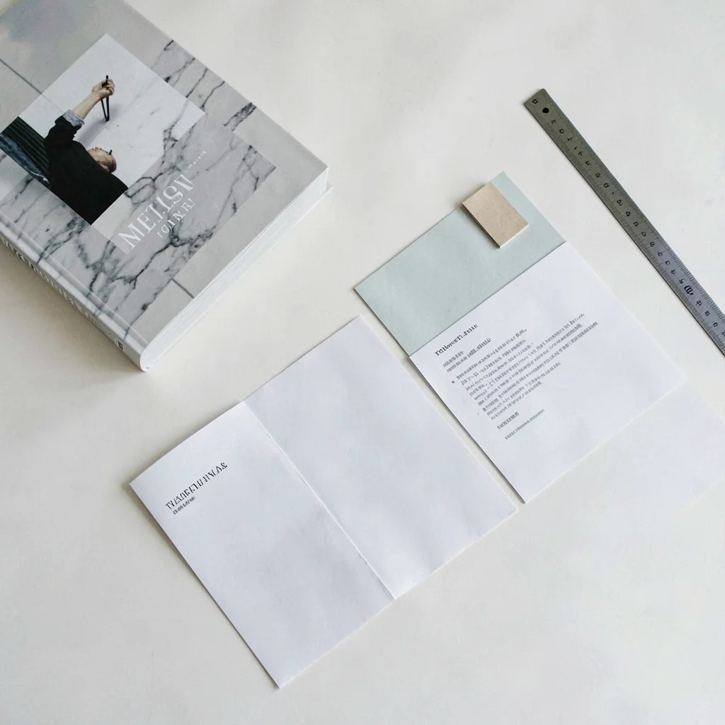 A scattered desk overhead with abstract publication collateral — book, dust jack