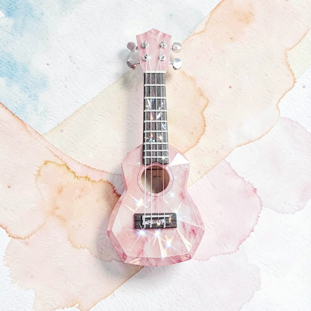 Faceted rose-quartz lowpoly ukulele with a tiny pink body and crystalline frets 