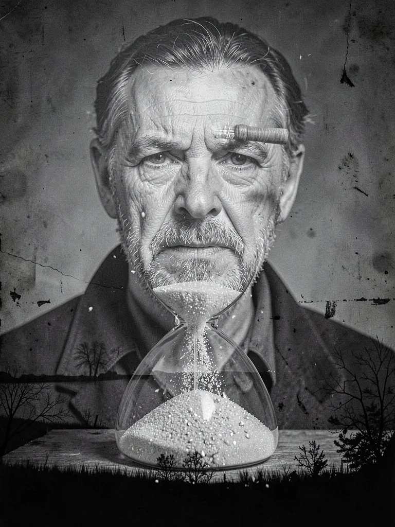 Dying man's portrait through hourglass sand, time running through him, grains in