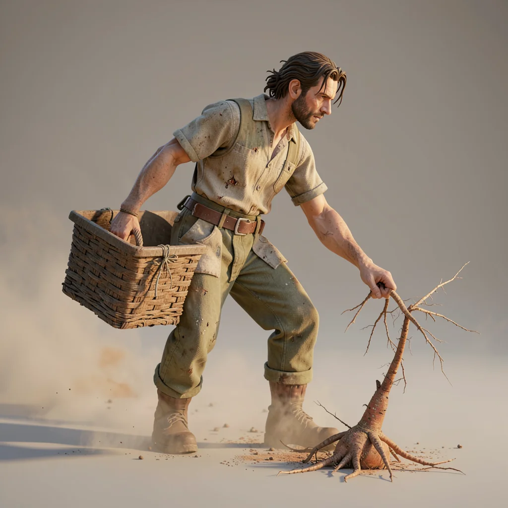 A root-gatherer balances a wide flat basket on one hip while reaching back for a