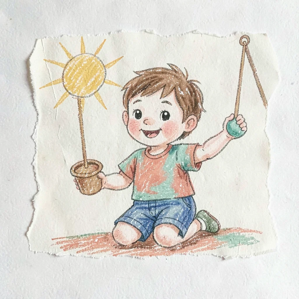 Small kid steering a marionette with both hands, soft paper-light