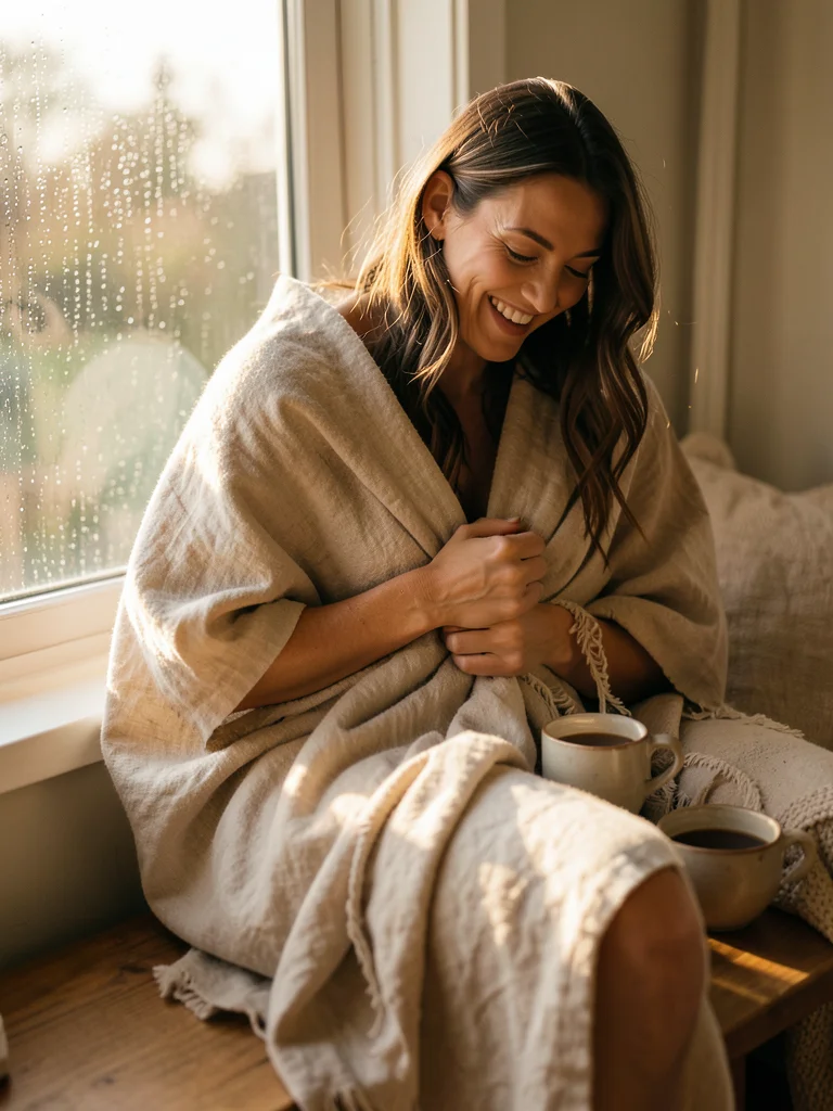A woman wrapping herself in a linen throw blanket on a window seat, a cup of tea