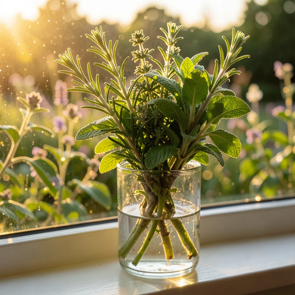 Fresh-cut herb bouquet in a glass of water on a sunlit windowsill — rosemary, th