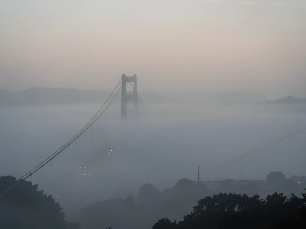 A suspension bridge with its towers lost in fog, only the cables visible sweepin