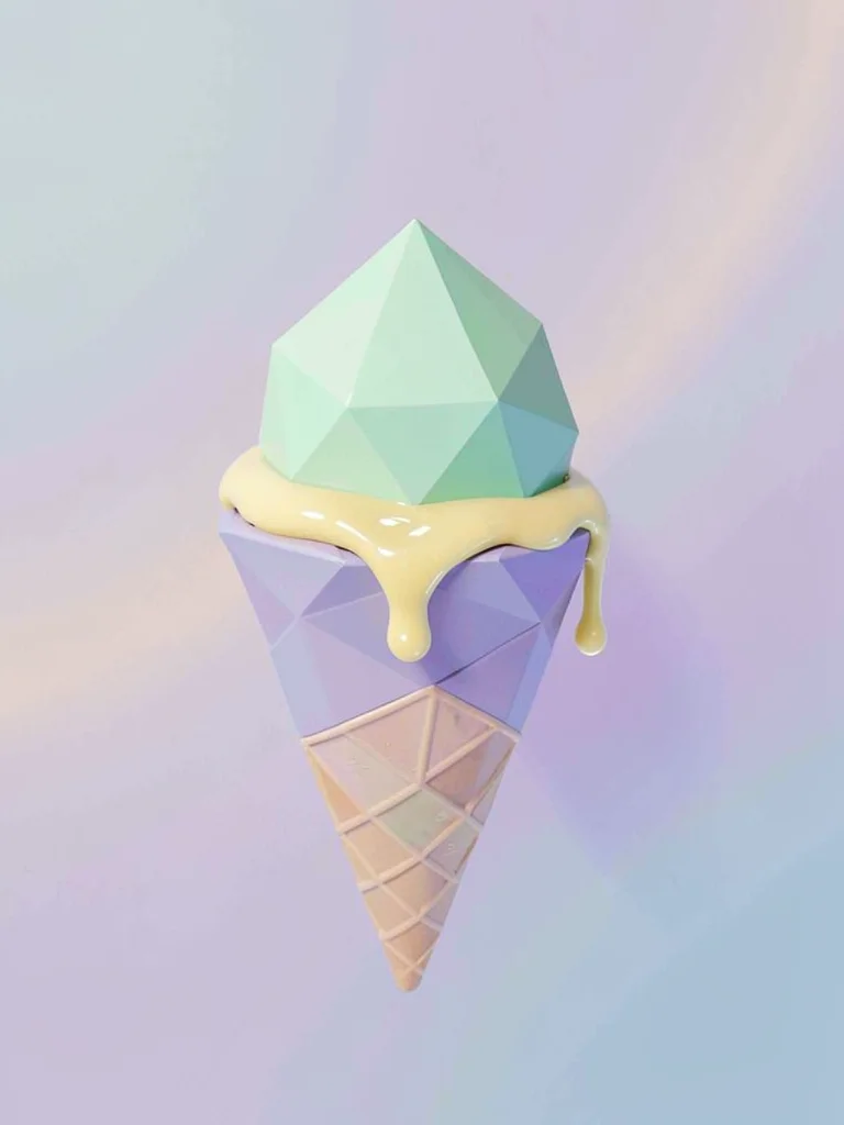 Scooped lavender lowpoly ice cream cone with a triangulated mint scoop and butte
