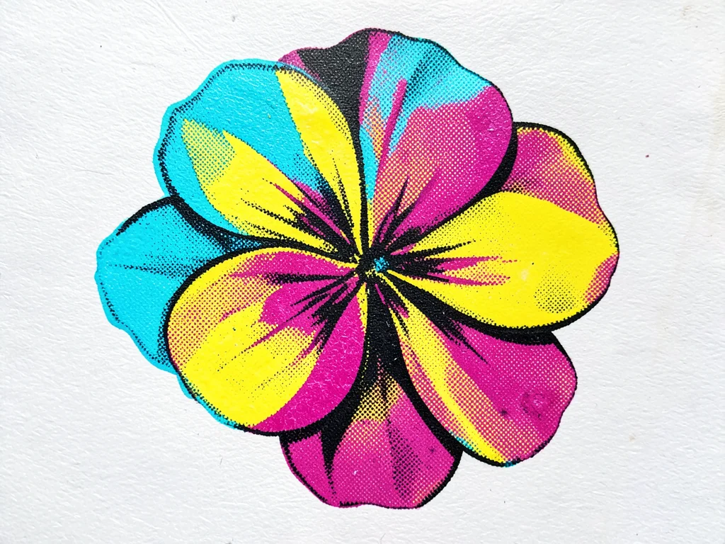 CMYK flower print with cyan plate shifted left, ghost cyan outline visible besid