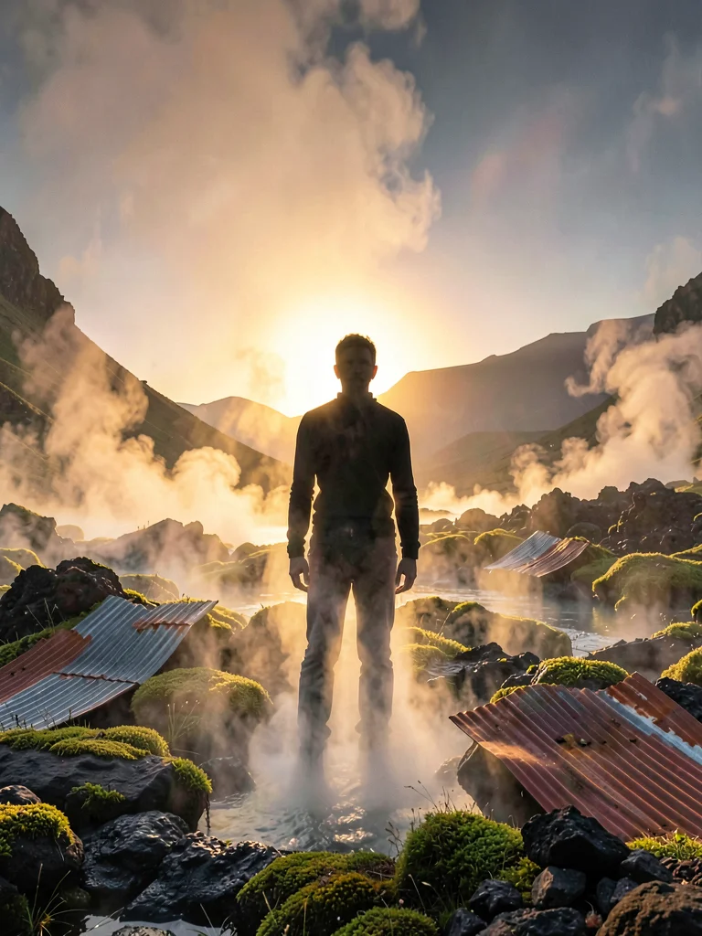 Volcanic otherworldly light in Iceland, a person silhouetted in geothermal steam