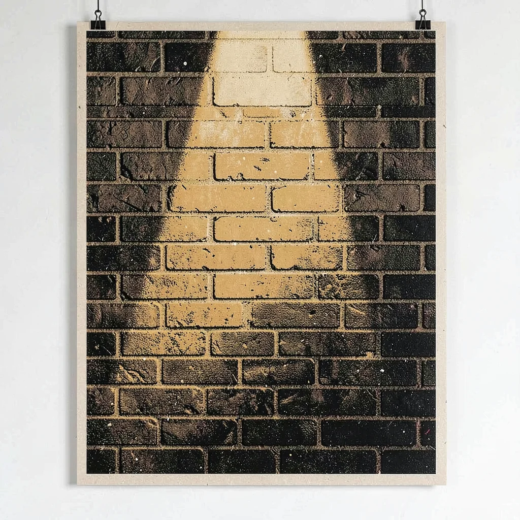 Two-color screenprint poster of a brick wall with a thin spotlight beam, ochre a