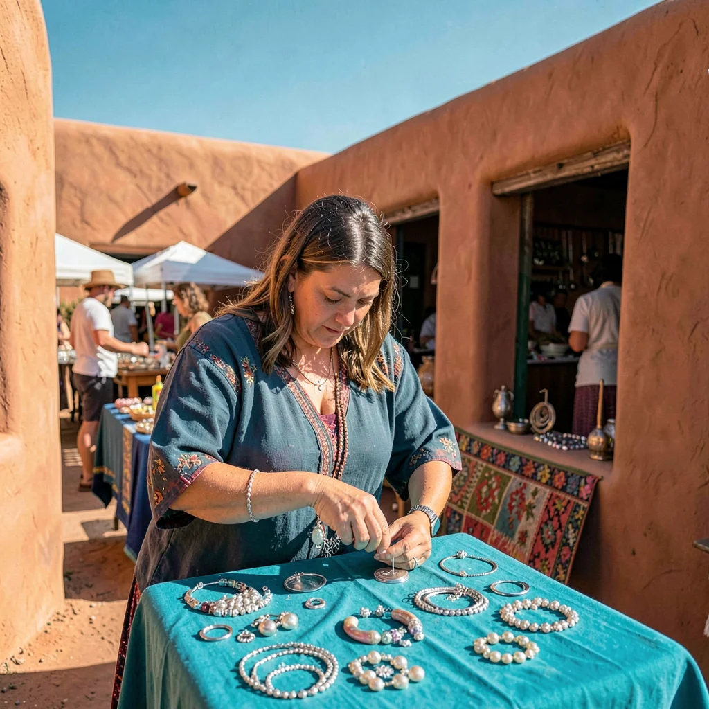 Santa Fe adobe warmth, high desert light clarity, Woman arranging silver jewelry