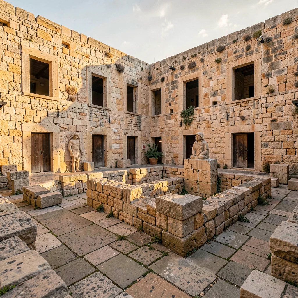 Old Jaffa time-layered, ancient port stone warmth, Modern art installation in co