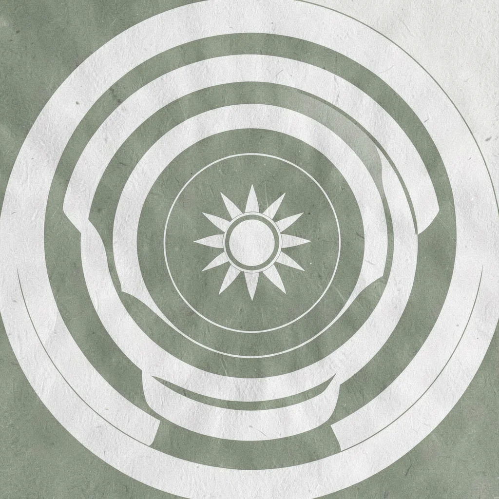 Concentric vector rings expanding from a sun-shaped core, muted moss and chalk, 