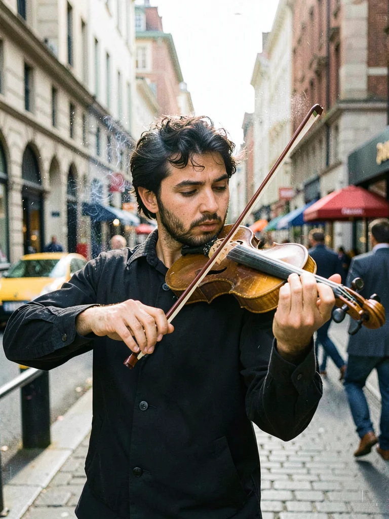 Street musician's violin bow mid-stroke, the sound made visible