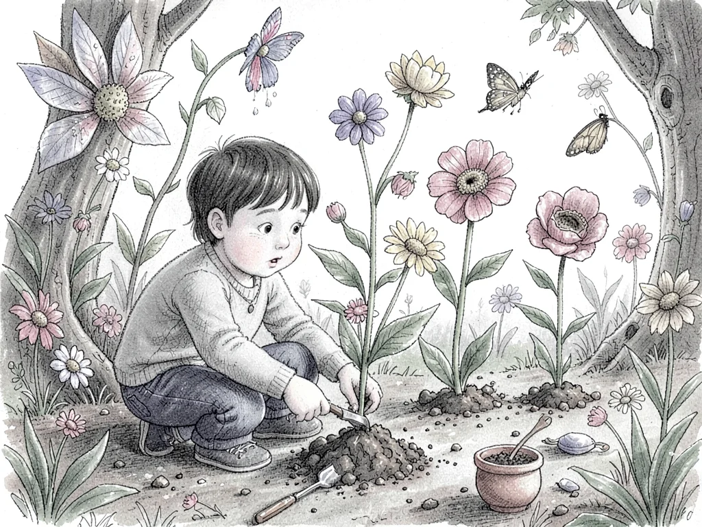 Child planting magical instant flowers