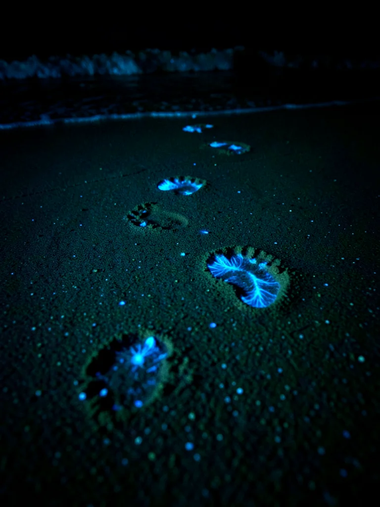 Footprints in wet night sand — each footprint hollow glowing blue from disturbed